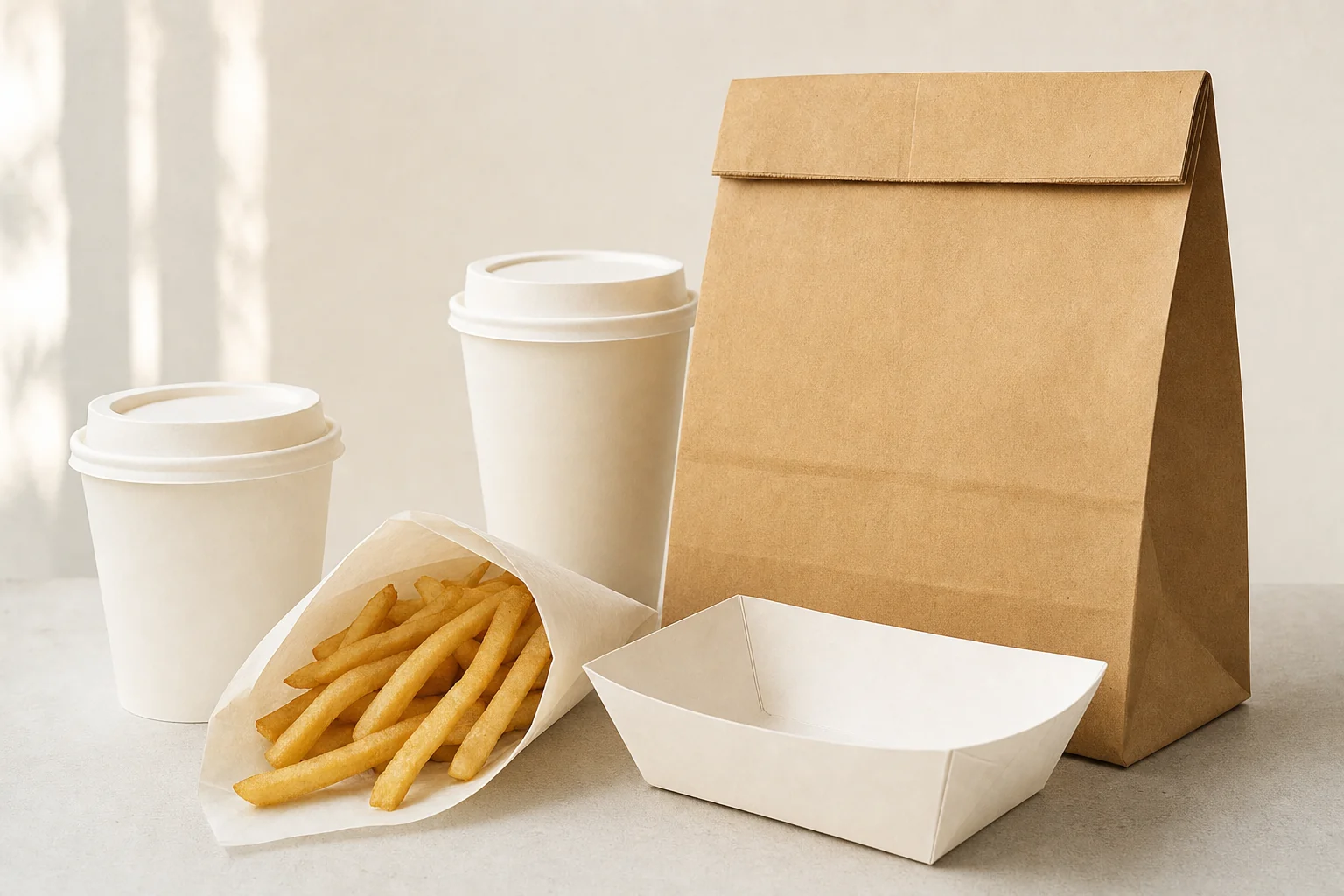 Reels of white food-grade paper and a stack of flat paper bags on a pallet in a converting plant.