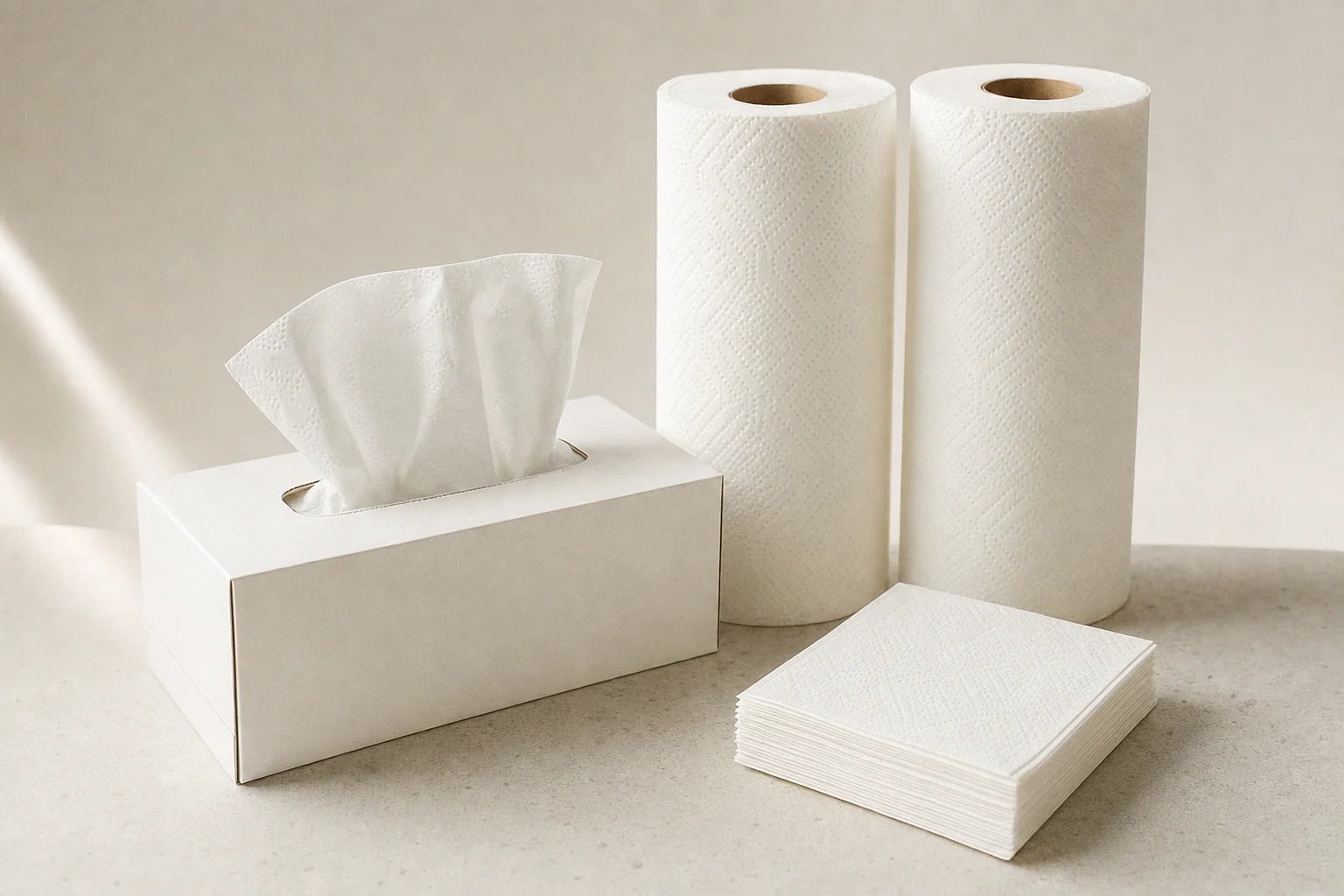 Very large white tissue parent reels standing on a mill floor.